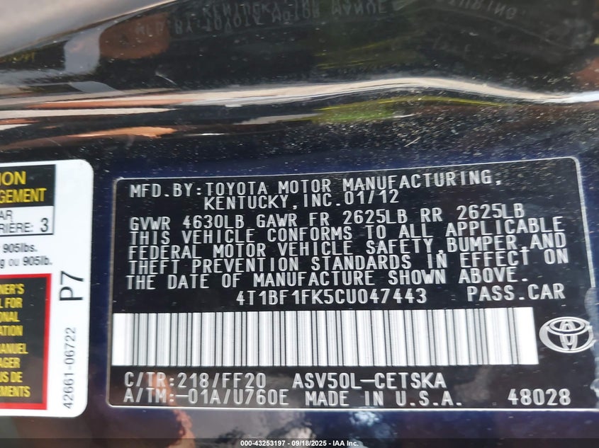 2012 Toyota Camry Se VIN: 4T1BF1FK5CU047443 Lot: 43253197