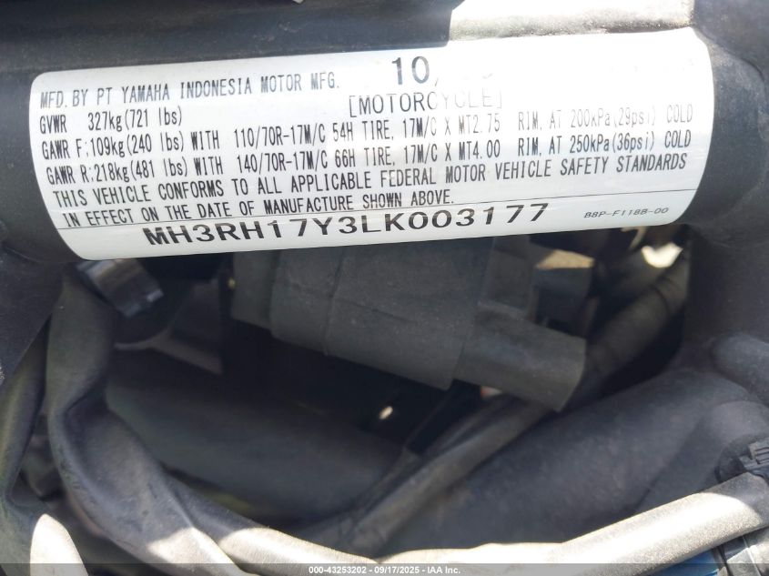 2020 Yamaha Yzfr3 VIN: MH3RH17Y3LK003177 Lot: 43253202