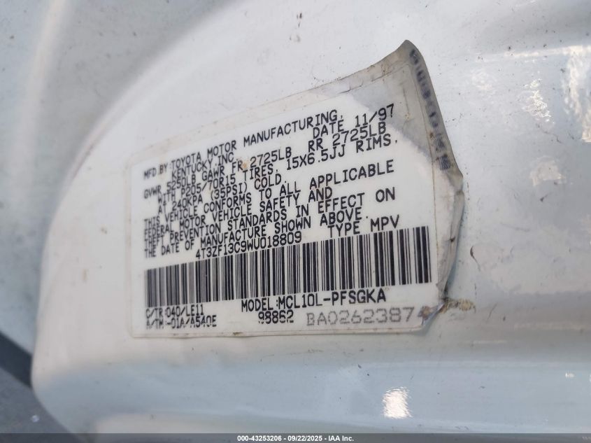 1998 Toyota Sienna Xle VIN: 4T3ZF13C9WU018809 Lot: 43253206