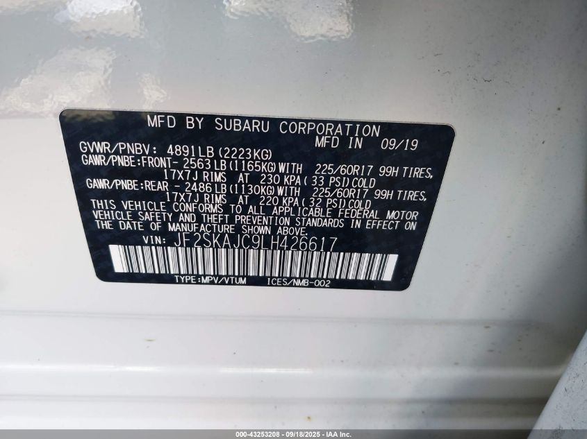 2020 Subaru Forester Premium VIN: JF2SKAJC9LH426617 Lot: 43253208