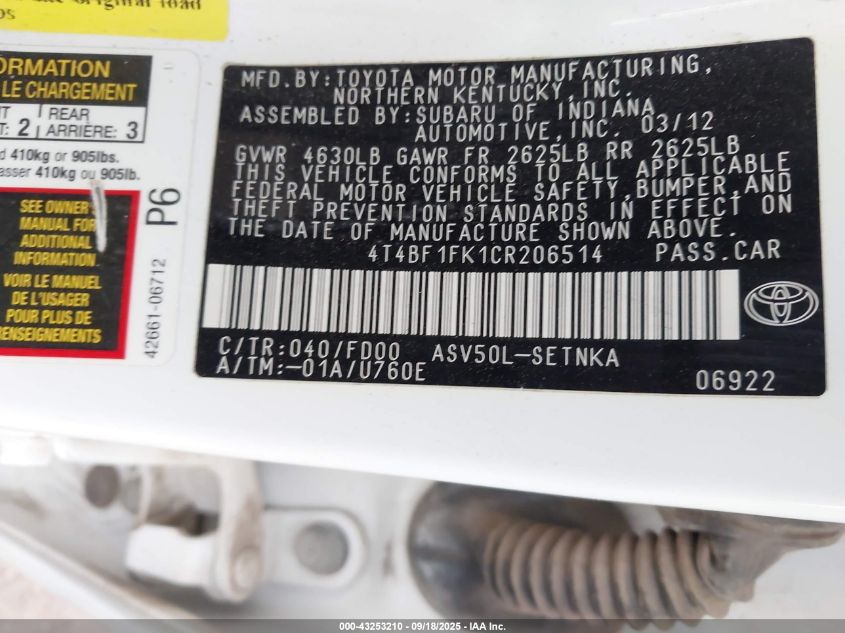 2012 Toyota Camry Le VIN: 4T4BF1FK1CR206514 Lot: 43253210