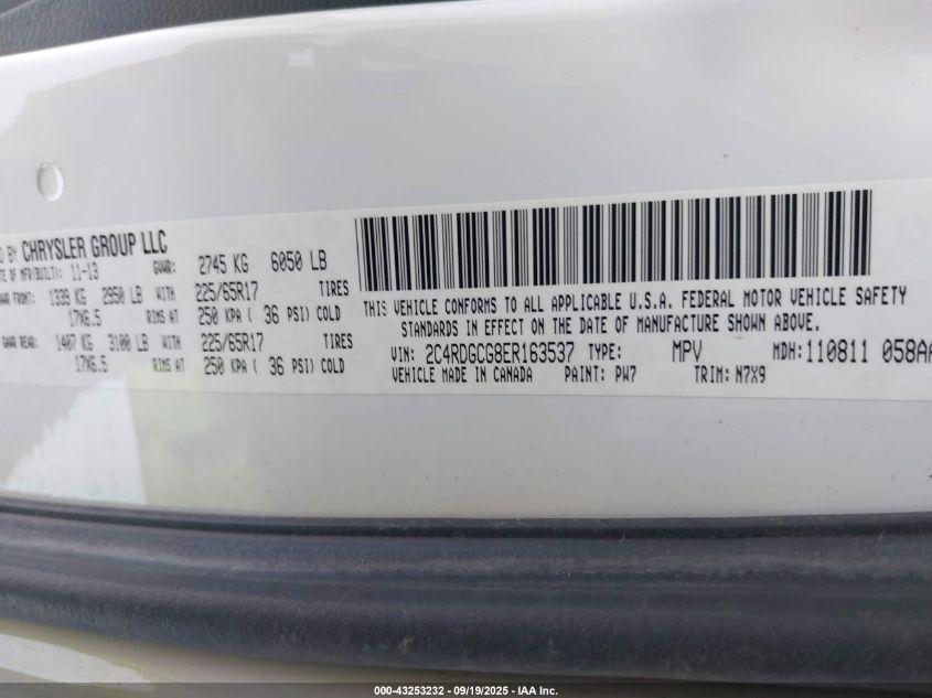 2014 Dodge Grand Caravan Sxt VIN: 2C4RDGCG8ER163537 Lot: 43253232