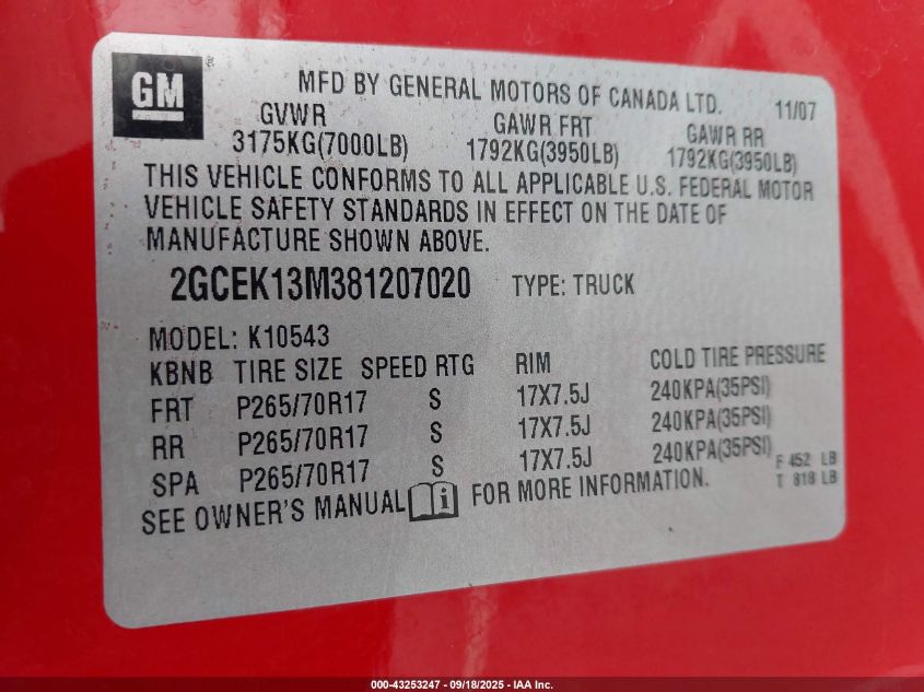 2008 Chevrolet Silverado 1500 Ltz VIN: 2GCEK13M381207020 Lot: 43253247