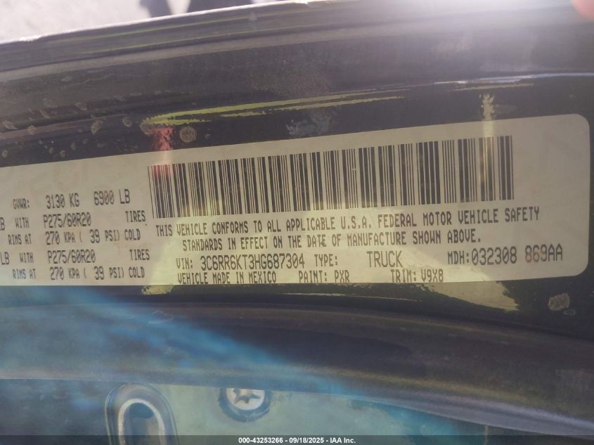 2017 Ram 1500 Express 4X2 5'7 Box VIN: 3C6RR6KT3HG687304 Lot: 43253266