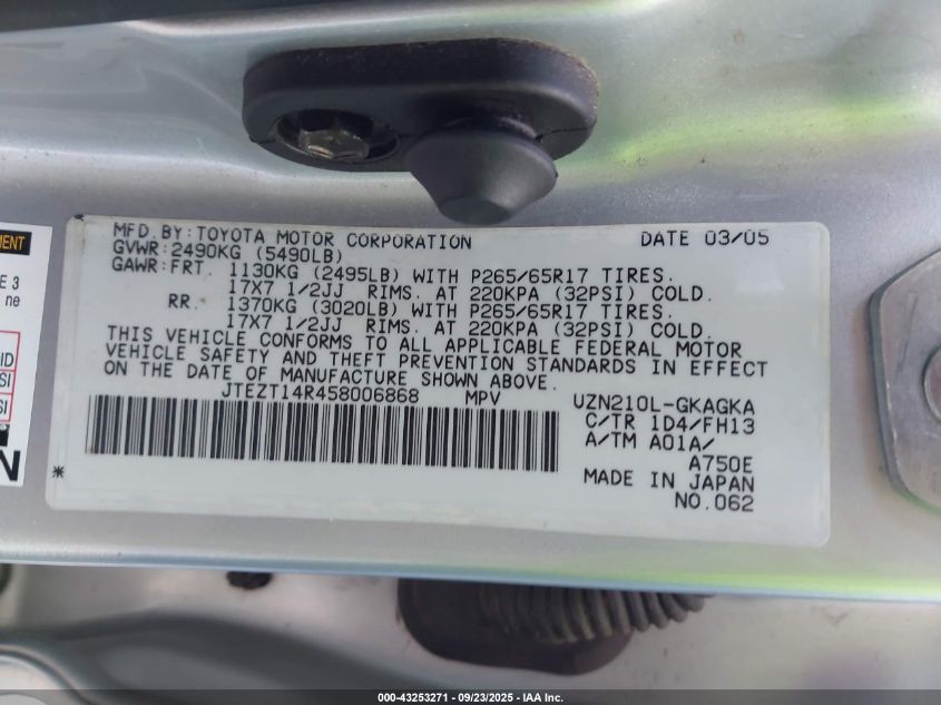 2005 Toyota 4Runner Sr5 Sport V8 VIN: JTEZT14R458006868 Lot: 43253271