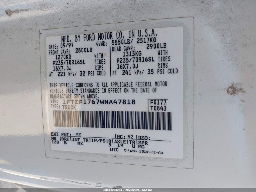 1998 Ford F-150 Lariat/Standard/Xl/Xlt VIN: 1FTZF1767WNA47818 Lot: 43253274