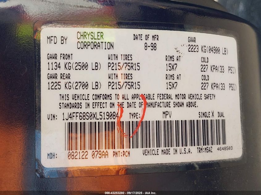 1999 Jeep Cherokee Classic/Sport VIN: 1J4FF68S0XL519084 Lot: 43253280