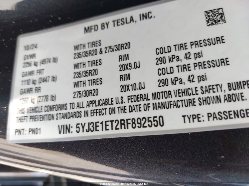 2024 Tesla Model 3 Performance All-Wheel Drive VIN: 5YJ3E1ET2RF892550 Lot: 43253283