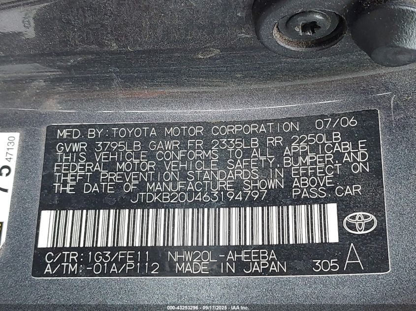 2006 Toyota Prius VIN: JTDKB20U463194797 Lot: 43253296