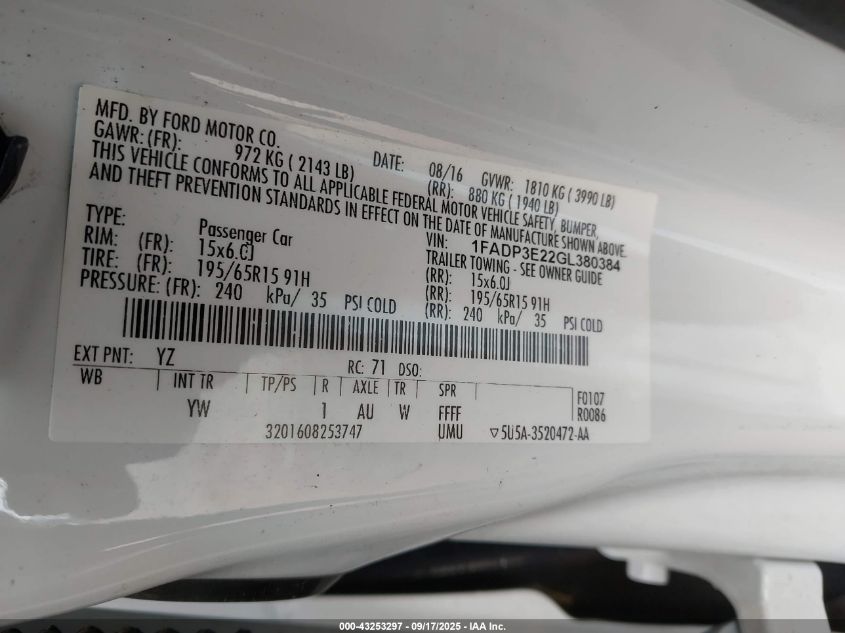 2016 Ford Focus S VIN: 1FADP3E22GL380384 Lot: 43253297