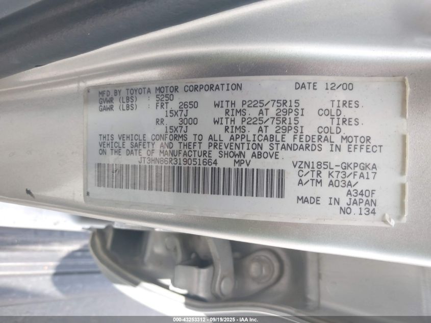 2001 Toyota 4Runner Sr5 V6 VIN: JT3HN86R319051664 Lot: 43253312