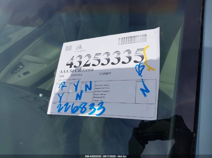 2008 Toyota Camry Le VIN: 4T4BE46K58R043121 Lot: 43253335