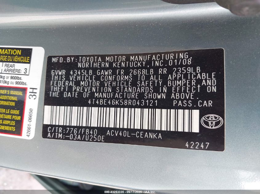 2008 Toyota Camry Le VIN: 4T4BE46K58R043121 Lot: 43253335