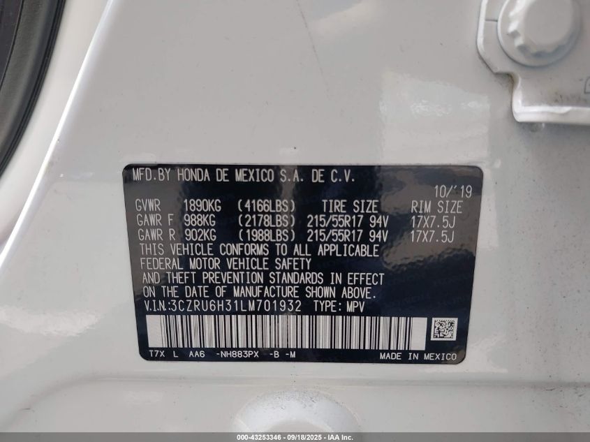 2020 Honda Hr-V Awd Lx VIN: 3CZRU6H31LM701932 Lot: 43253346