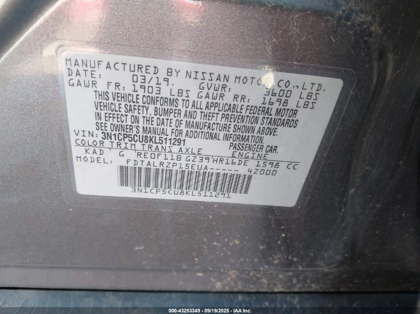 2019 Nissan Kicks S VIN: 3N1CP5CU8KL511291 Lot: 43253349