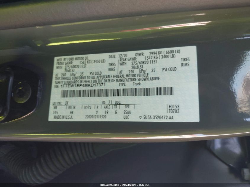 2021 Ford F-150 Xlt VIN: 1FTEW1EP4MKD17371 Lot: 43253359