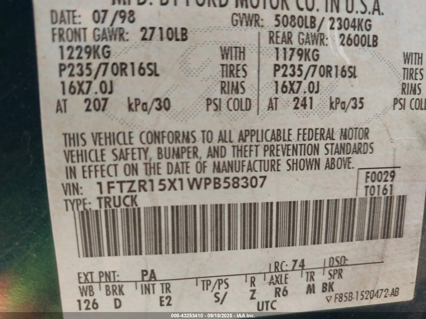 1998 Ford Ranger Splash/Xl/Xlt VIN: 1FTZR15X1WPB58307 Lot: 43253410