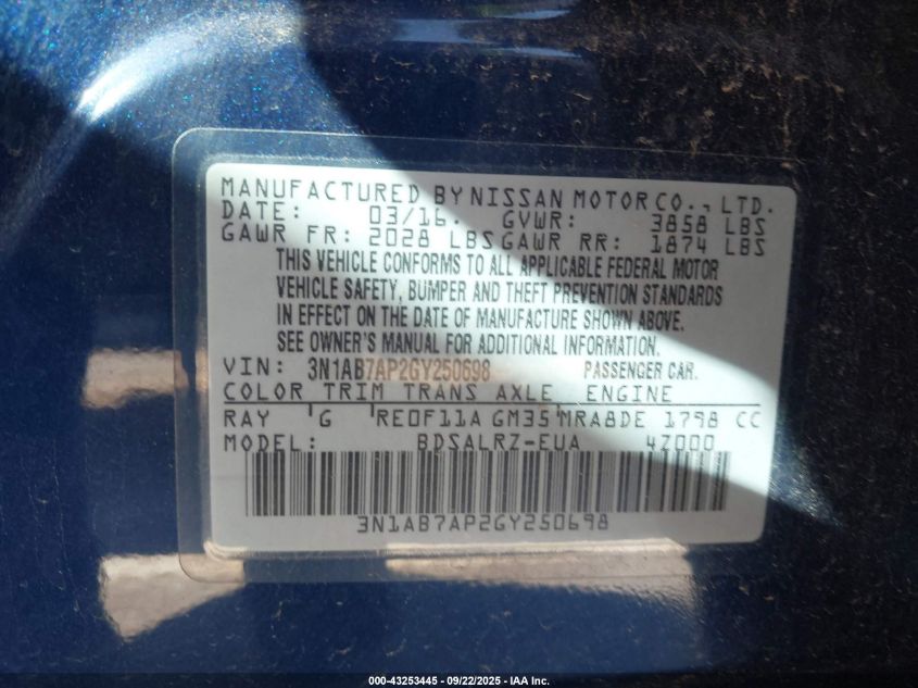 2016 Nissan Sentra Sr VIN: 3N1AB7AP2GY250698 Lot: 43253445