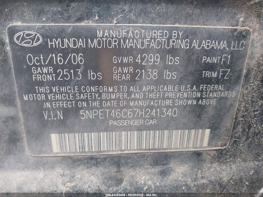 2007 Hyundai Sonata Gls VIN: 5NPET46C67H241340 Lot: 43253446