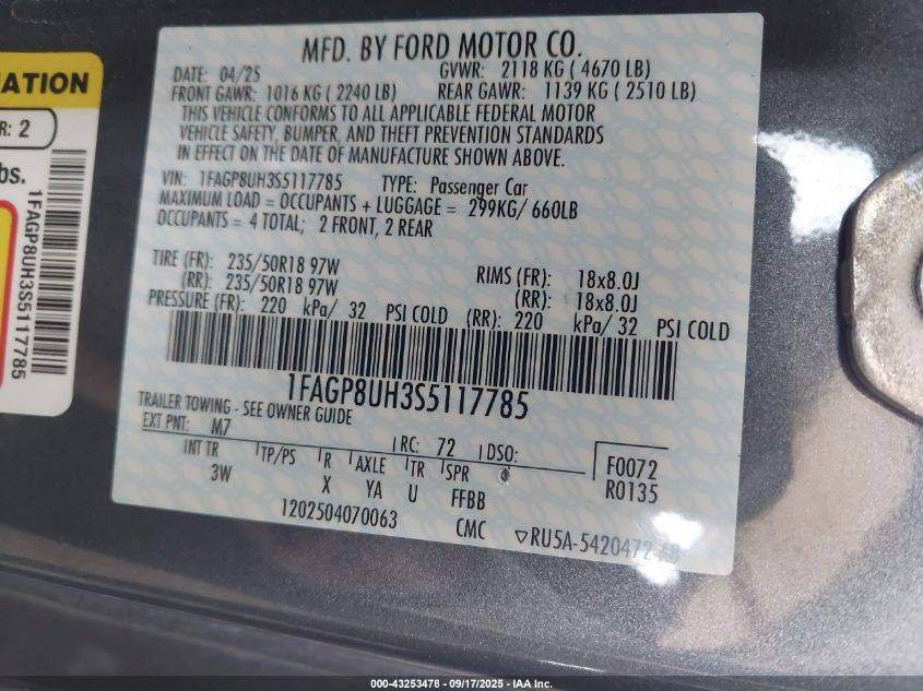 2025 Ford Mustang Ecoboost Premium VIN: 1FAGP8UH3S5117785 Lot: 43253478