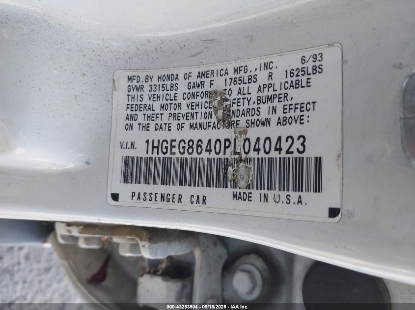 1993 Honda Civic Dx VIN: 1HGEG8640PL040423 Lot: 43253504