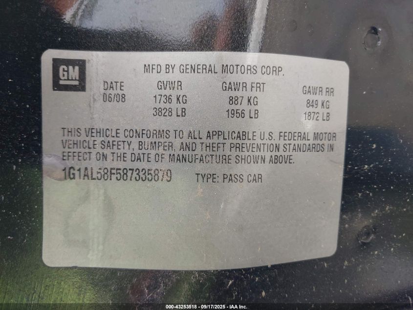 2008 Chevrolet Cobalt Lt VIN: 1G1AL58F587335879 Lot: 43253518