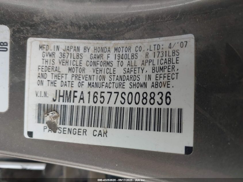 2007 Honda Civic Lx VIN: JHMFA16577S008836 Lot: 43253520