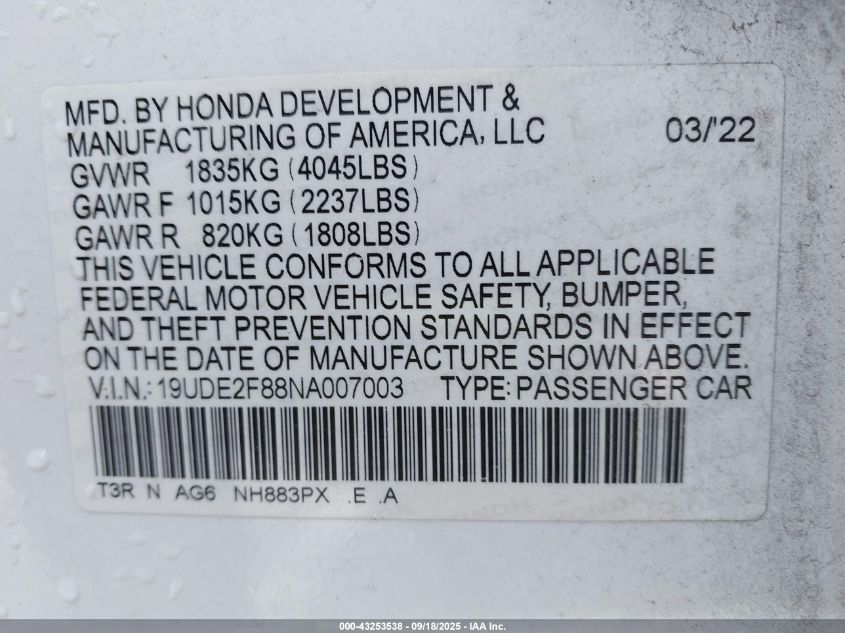 2022 Acura Ilx Premium A-Spec Packages/Technology A-Spec Packages VIN: 19UDE2F88NA007003 Lot: 43253538