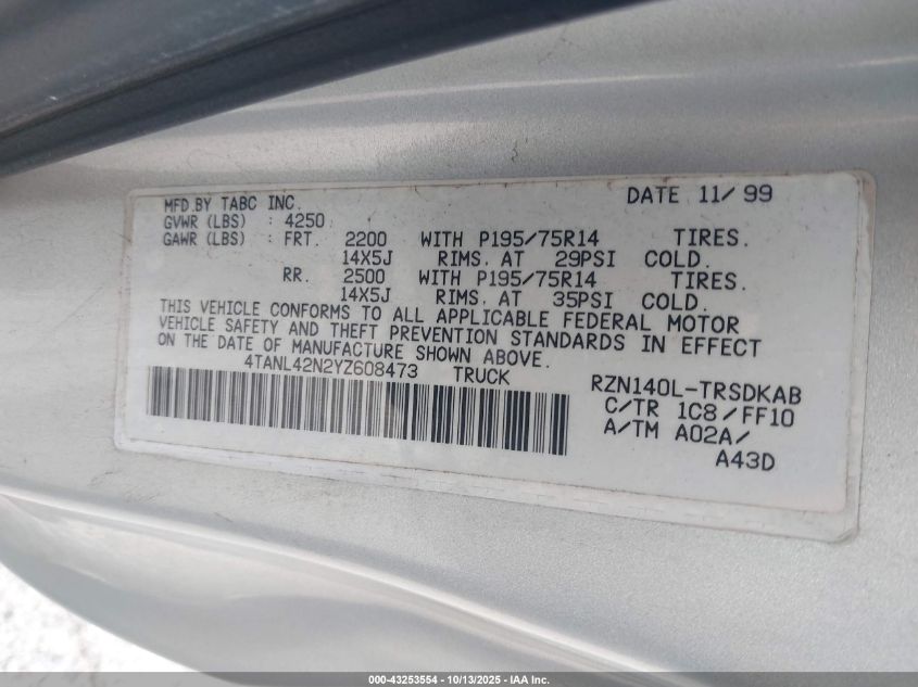2000 Toyota Tacoma VIN: 4TANL42N2YZ608473 Lot: 43253554
