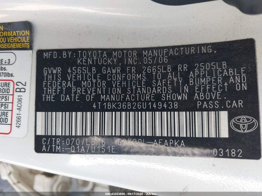 2006 Toyota Avalon Limited VIN: 4T1BK36B26U149438 Lot: 43253556