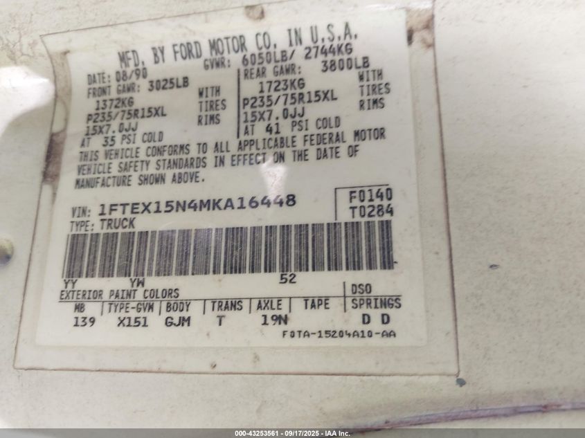 1991 Ford F150 VIN: 1FTEX15N4MKA16448 Lot: 43253561