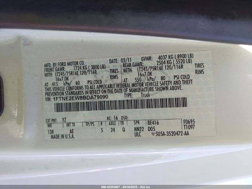 2011 Ford E-250 Commercial VIN: 1FTNE2EW8BDA79090 Lot: 43253607