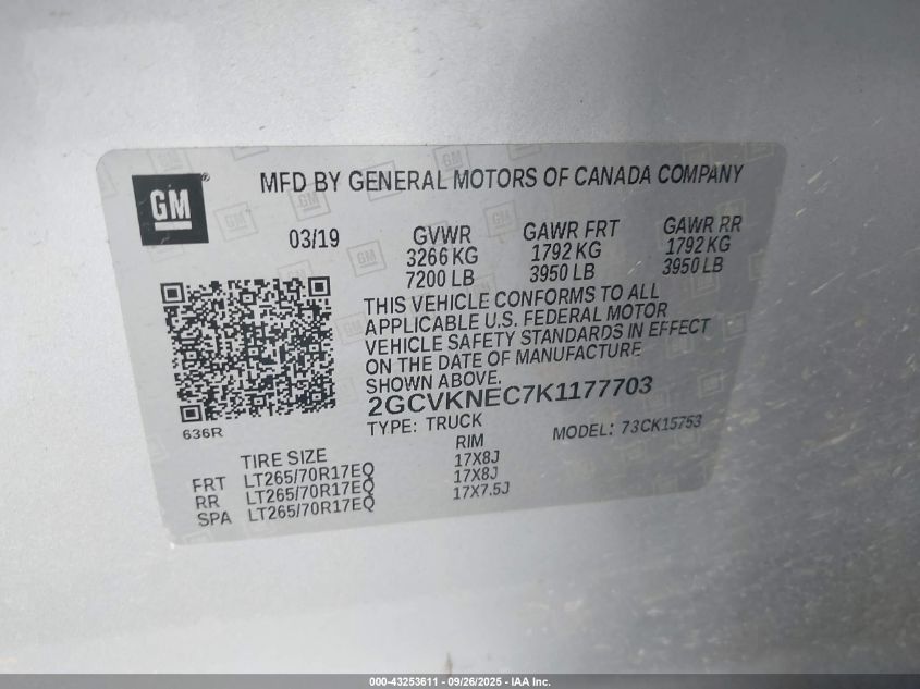 2019 Chevrolet Silverado 1500 Ld Wt VIN: 2GCVKNEC7K1177703 Lot: 43253611