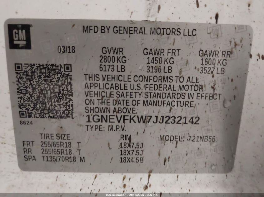 2018 Chevrolet Traverse Ls VIN: 1GNEVFKW7JJ232142 Lot: 43253627