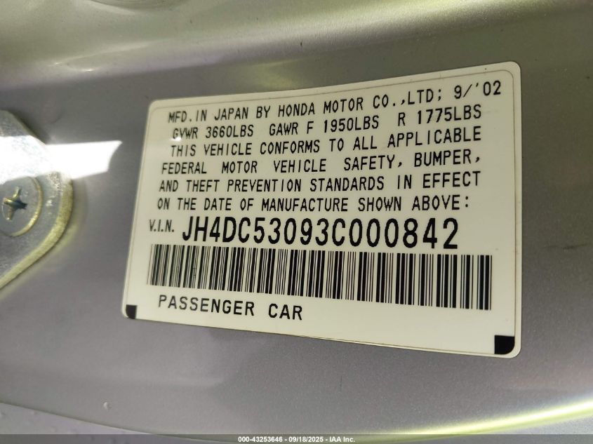 2003 Acura Rsx Type S VIN: JH4DC53093C000842 Lot: 43253646