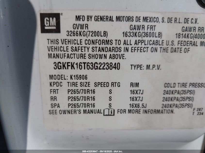 2003 GMC Yukon Xl 1500 Slt VIN: 3GKFK16T63G223840 Lot: 43253647