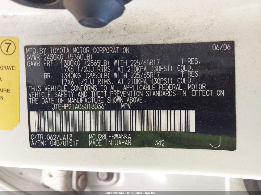 2006 Toyota Highlander Sport V6 VIN: JTEHP21A060180361 Lot: 43253656