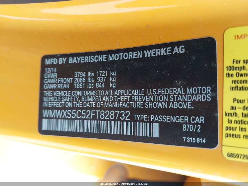 2015 Mini Hardtop Cooper VIN: WMWXS5C52FT828732 Lot: 43253667