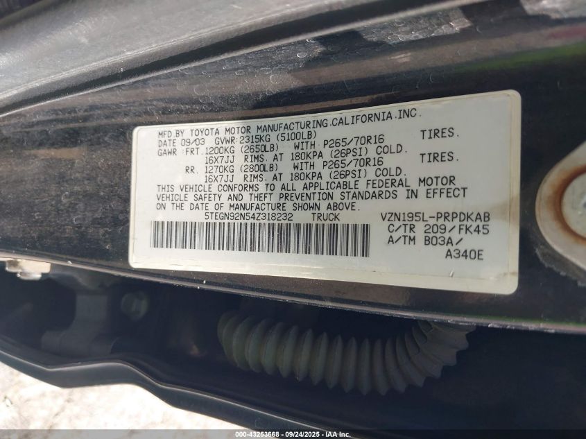 2004 Toyota Tacoma Prerunner V6 VIN: 5TEGN92N54Z318232 Lot: 43253668
