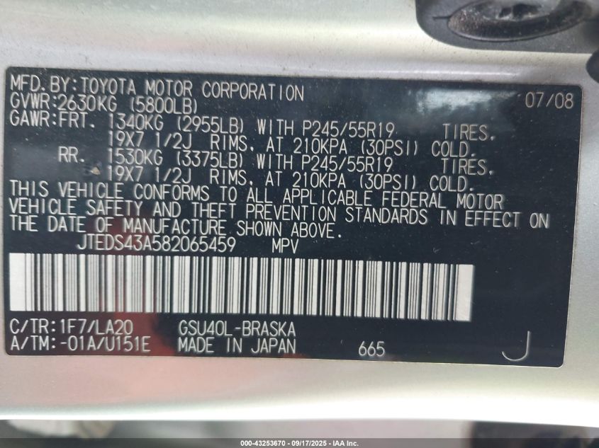 2008 Toyota Highlander Sport VIN: JTEDS43A582065459 Lot: 43253670