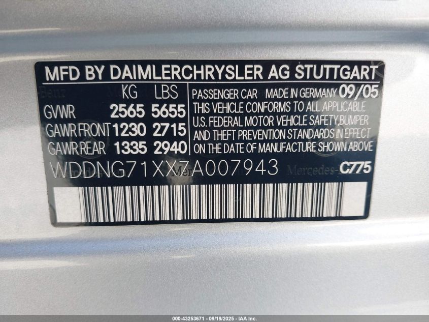 2007 Mercedes-Benz S 550 VIN: WDDNG71XX7A007943 Lot: 43253671