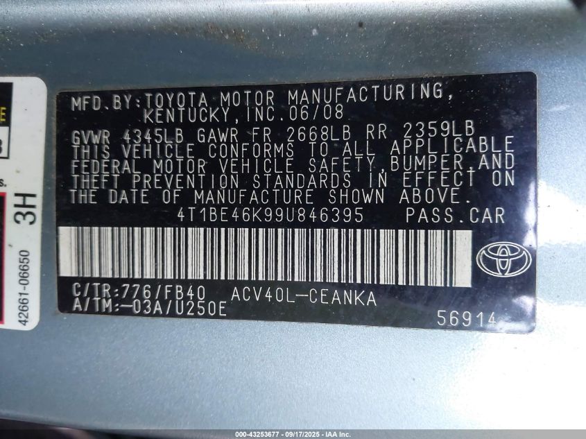 2009 Toyota Camry Le VIN: 4T1BE46K99U846395 Lot: 43253677