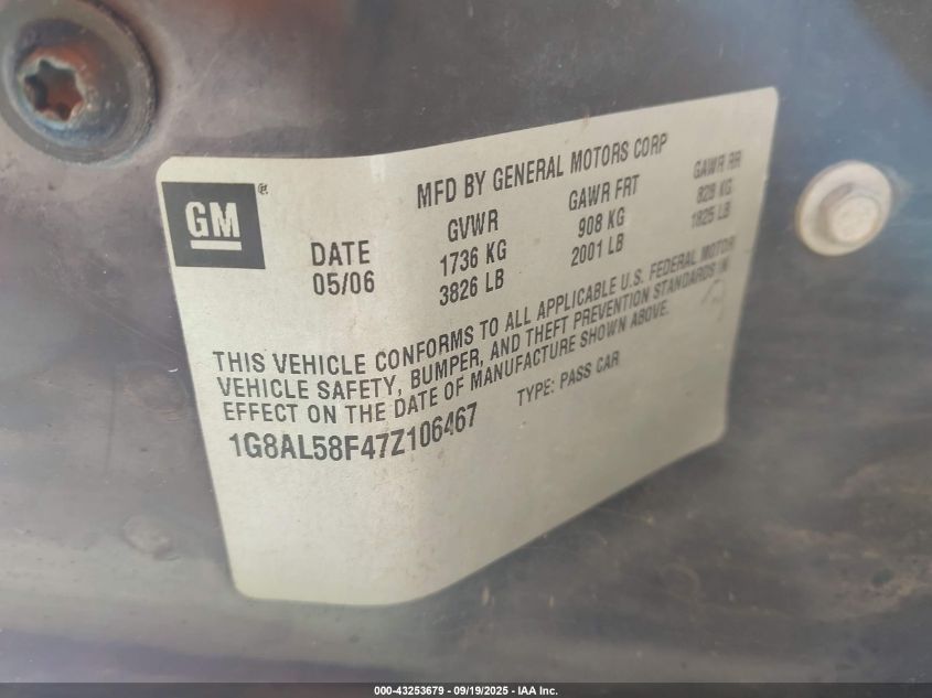 2007 Saturn Ion 3 VIN: 1G8AL58F47Z106467 Lot: 43253679