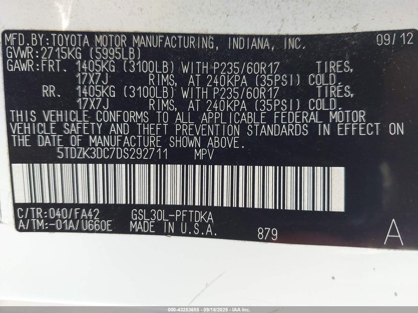 2013 Toyota Sienna L V6 7 Passenger VIN: 5TDZK3DC7DS292711 Lot: 43253685