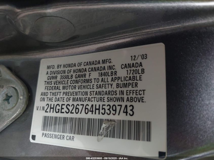 2004 Honda Civic Ex VIN: 2HGES26764H539743 Lot: 43253688