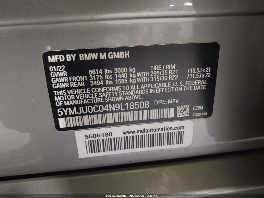 2022 BMW X5 M VIN: 5YMJU0C04N9L18508 Lot: 43253696