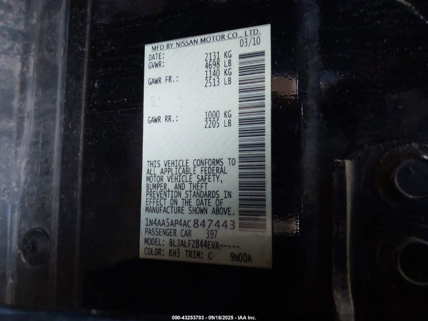 2010 Nissan Maxima 3.5 Sv VIN: 1N4AA5AP4AC847443 Lot: 43253703