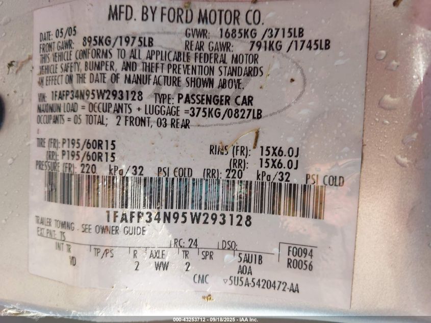 2005 Ford Focus Zx4 VIN: 1FAFP34N95W293128 Lot: 43253712