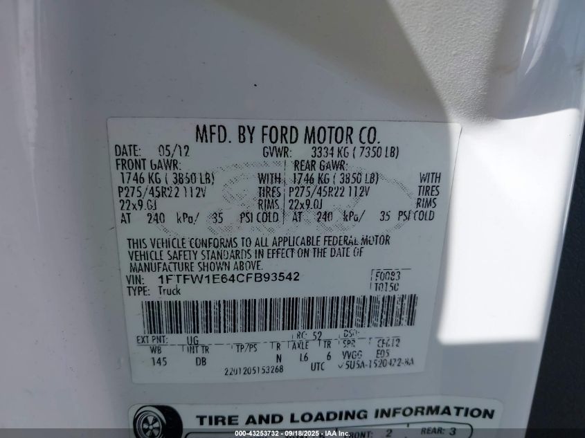 2012 Ford F-150 Harley-Davidson VIN: 1FTFW1E64CFB93542 Lot: 43253732