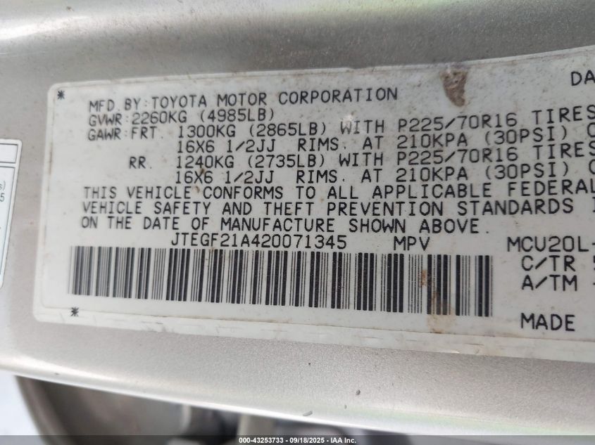 2002 Toyota Highlander V6 VIN: JTEGF21A420071345 Lot: 43253733